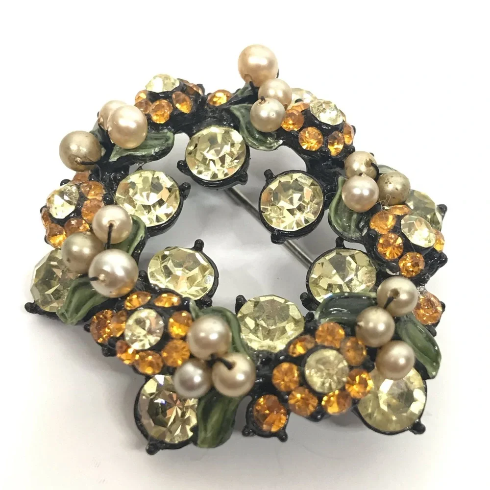Vintage Rhinestone Brooch Flower Leaf Faux Pearl